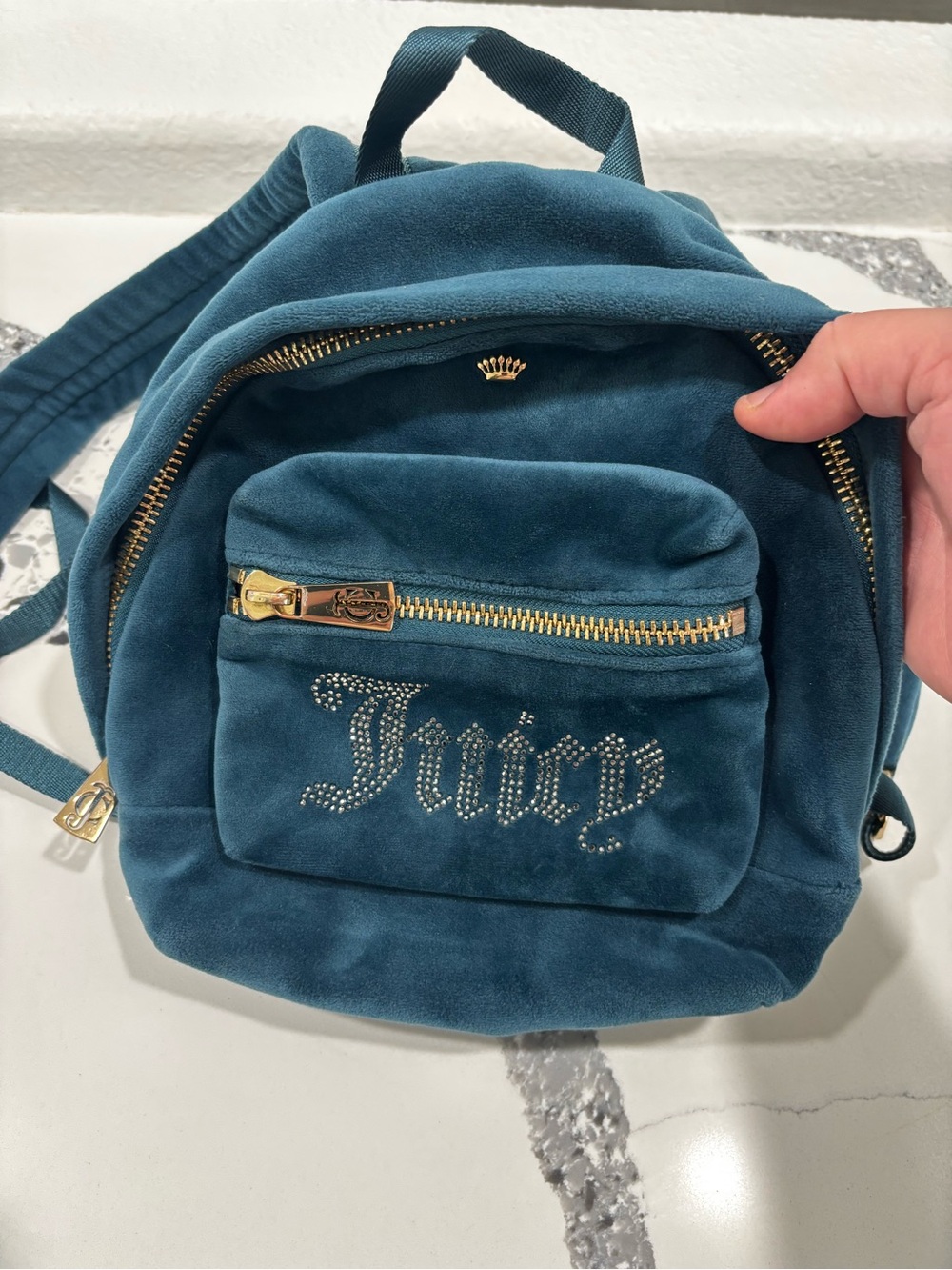 Juicy Couture Teal Velvet Mini Backpack with Gold Hardware and Crystal Logo